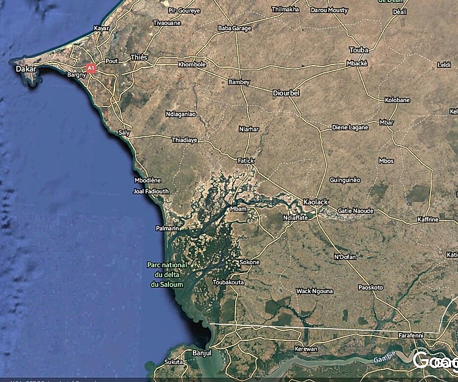 Carte de la région Centre-Ouest du Sénégal centrée par Kaolack et Ndiaffate.